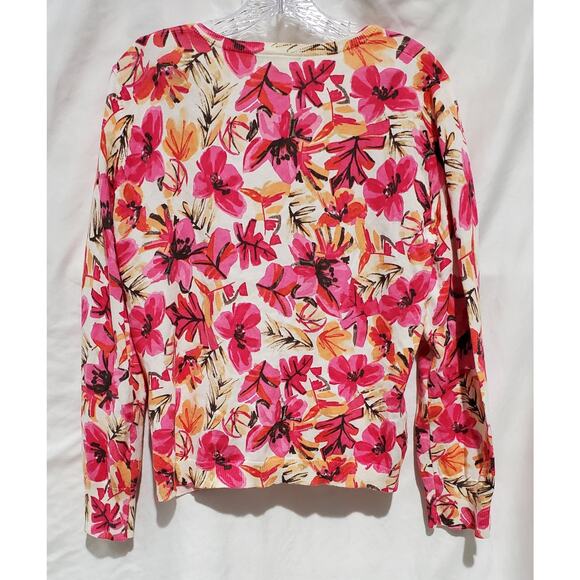 Sigrid Olsen Women's Sweater M Floral Pink White Satin Buttons Front and Cuff - Picture 2 of 9